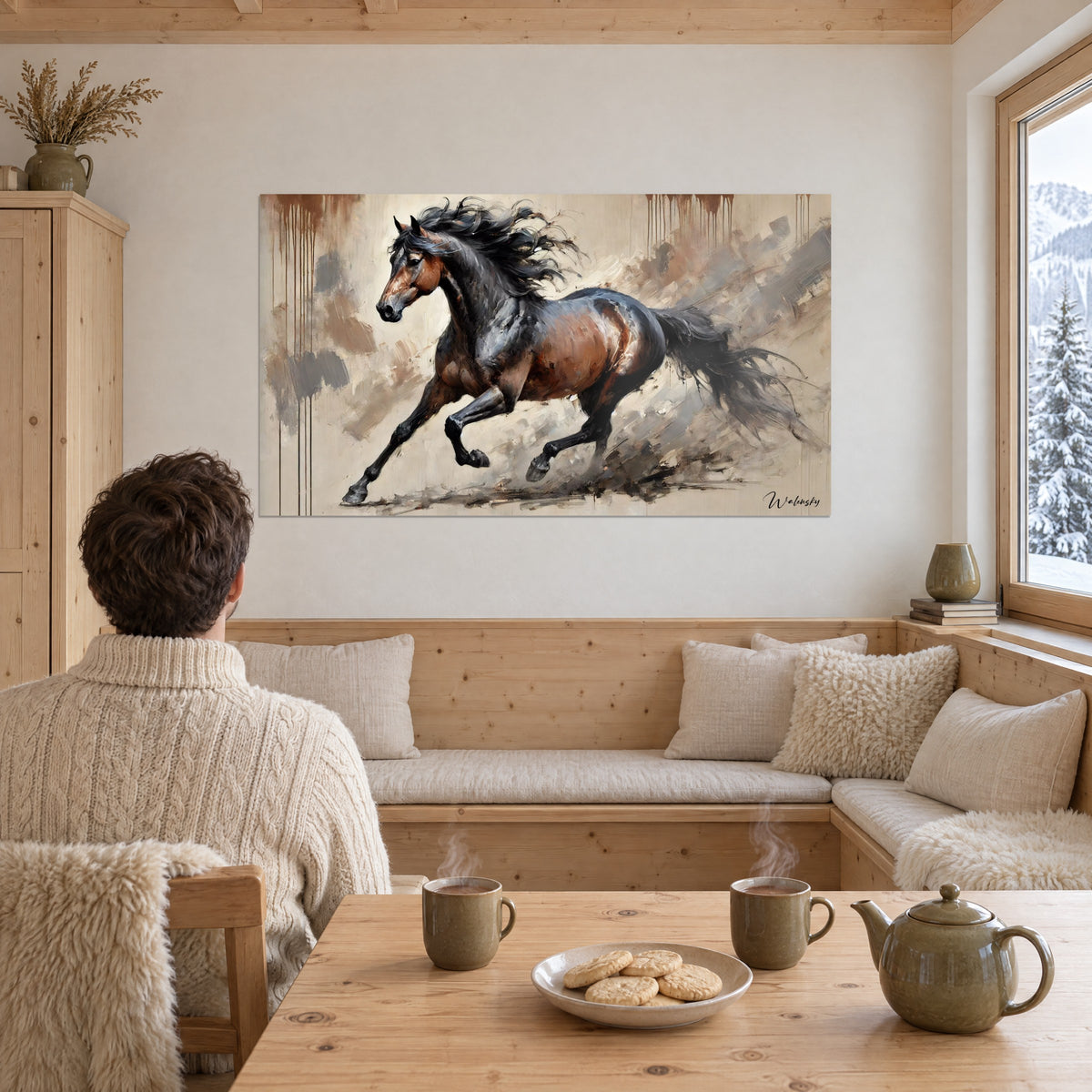Gemälde Streitross in Schwarz und Kupferton im vollen Galopp, zerzauster Schweif, beige Spachtelstriche, gegenüber einer Essecke im Chalet