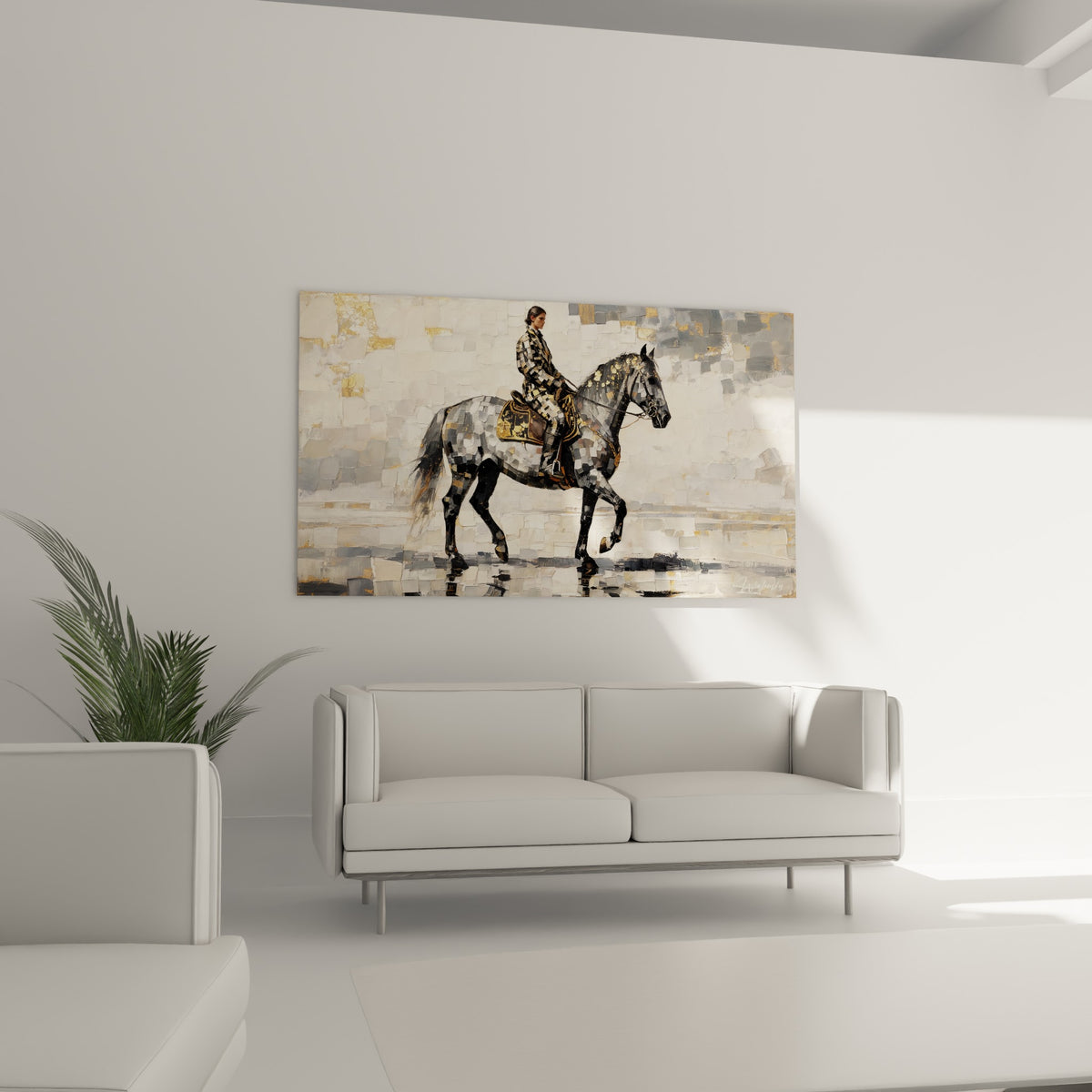 Cheval anthracite aux touches dorées et cavalier en selle, placé au-dessus d'un canapé dans un salon lumineux