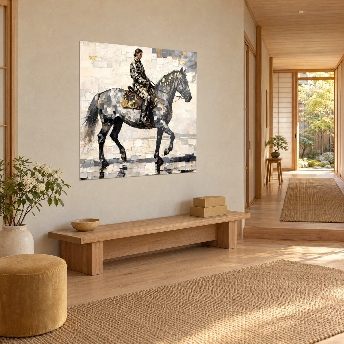 Quadro di un'amazzone in sella dorata che guida il suo cavallo nero dalla criniera argentata, vista di tre quarti in un corridoio in legno stile japandi