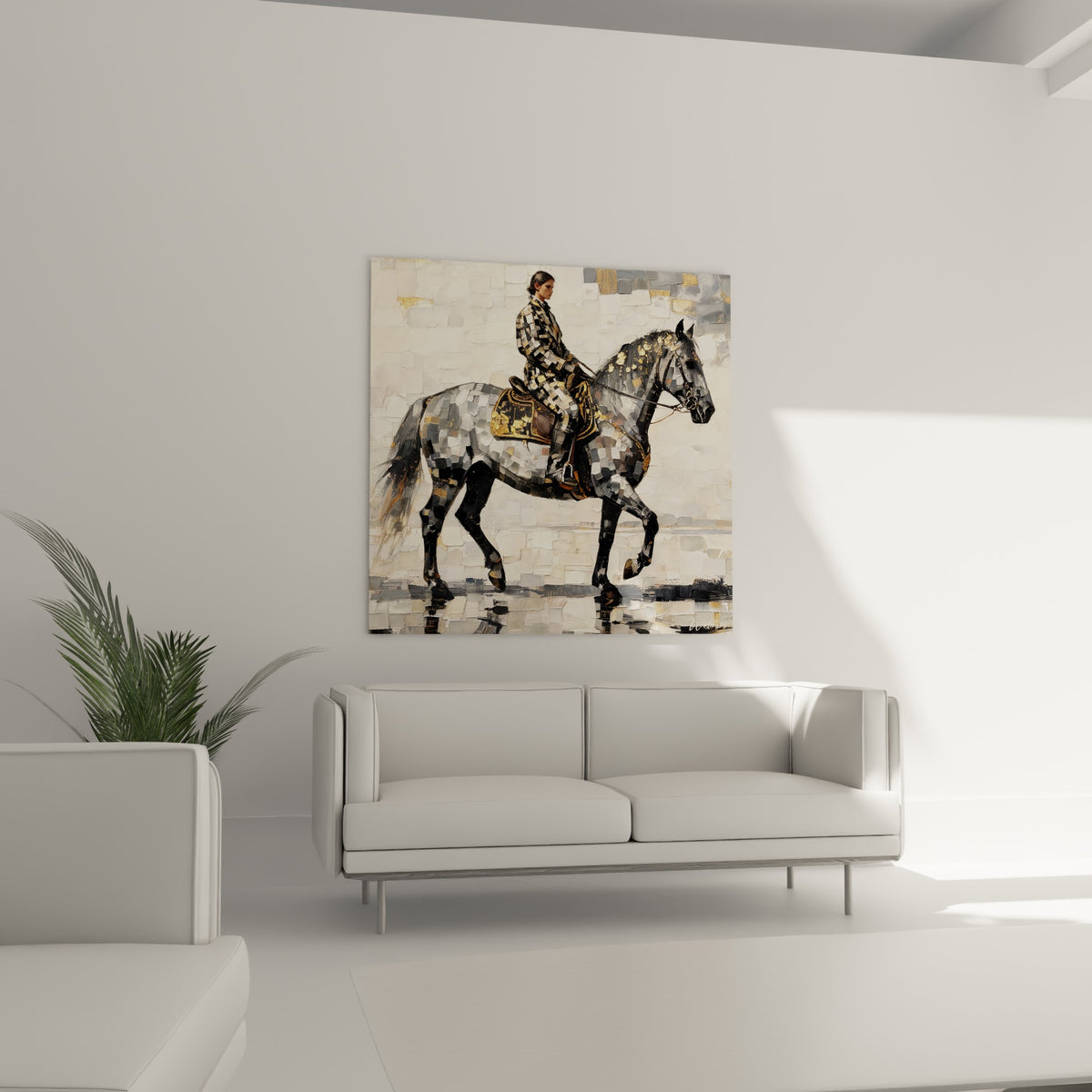 Silhouette équestre noire et dorée en marche calme, positionnée au-dessus d'un canapé dans un salon lumineux