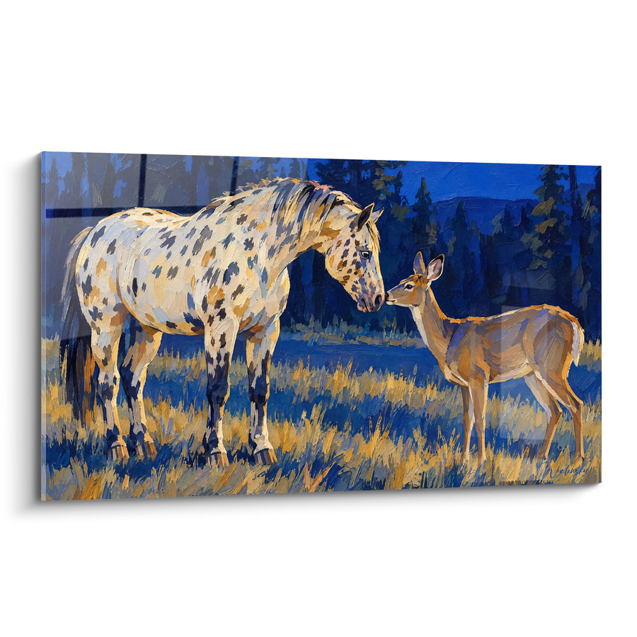 Quadro Cavallo maculato dorato e cerva faccia a faccia - Incontro notturno - Edizione Cavallo Appaloosa
