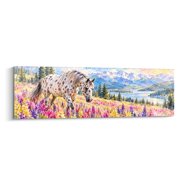 Tableau Cheval tacheté champ fleuri violet rose - Marche printanière - Edition Cheval Appaloosa