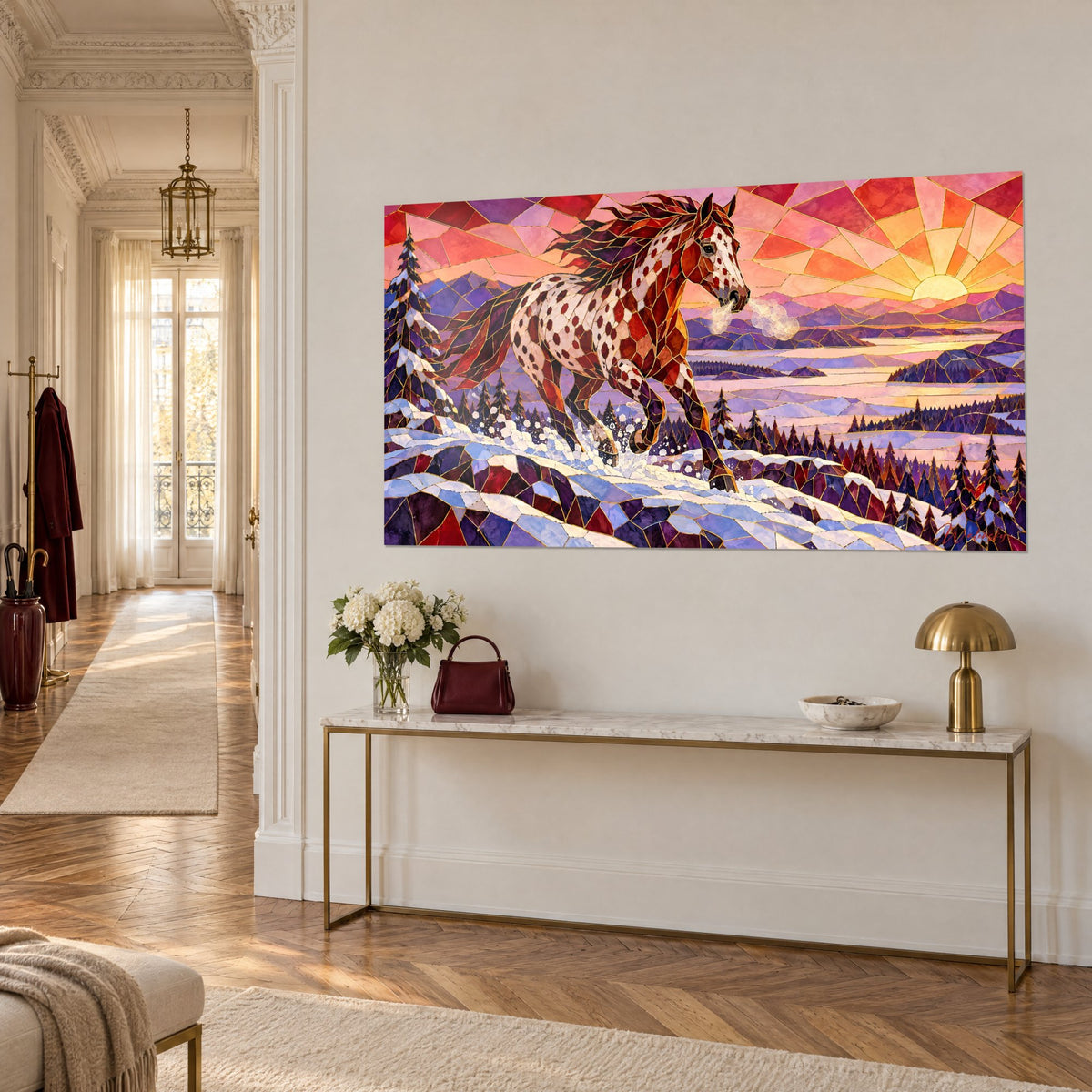 Tableau destrier blanc moucheté de roux, neige violette et soleil orangé en rayons, vu de trois quarts au-dessus d'une console dorée