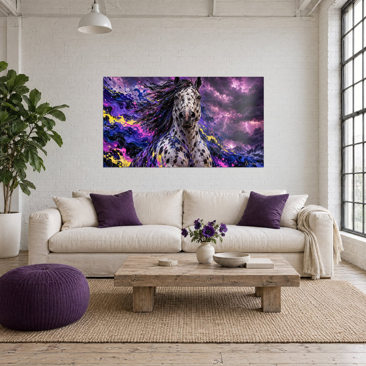 Tableau cheval appaloosa à la crinière noire sous un ciel d'orage violet et rose, éclaboussures jaunes, au-dessus d'un canapé dans un salon lumineux