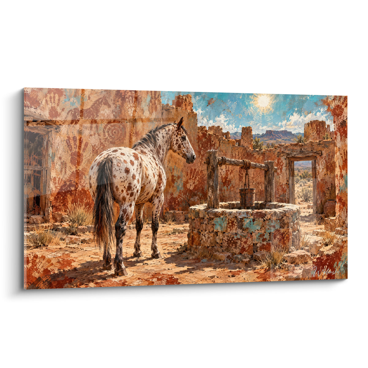 Tableau Cheval Appaloosa tacheté brun et blanc devant un puits de pierre ocre et ciel bleu