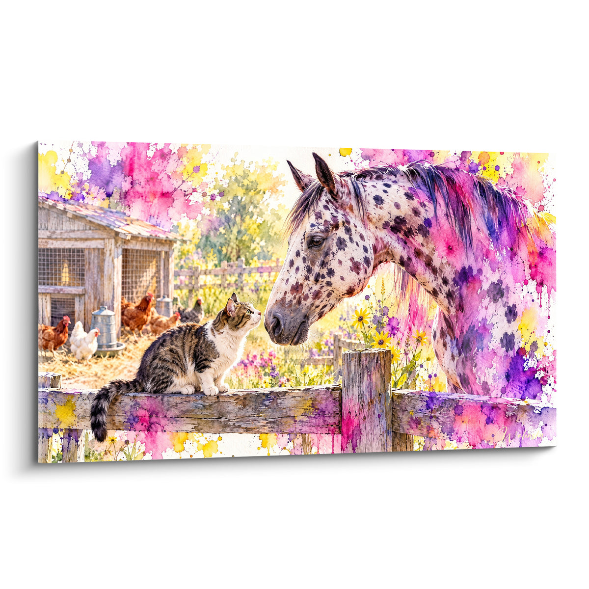 Tableau Cheval Appaloosa au museau rose et violet face à un chat sur une clôture