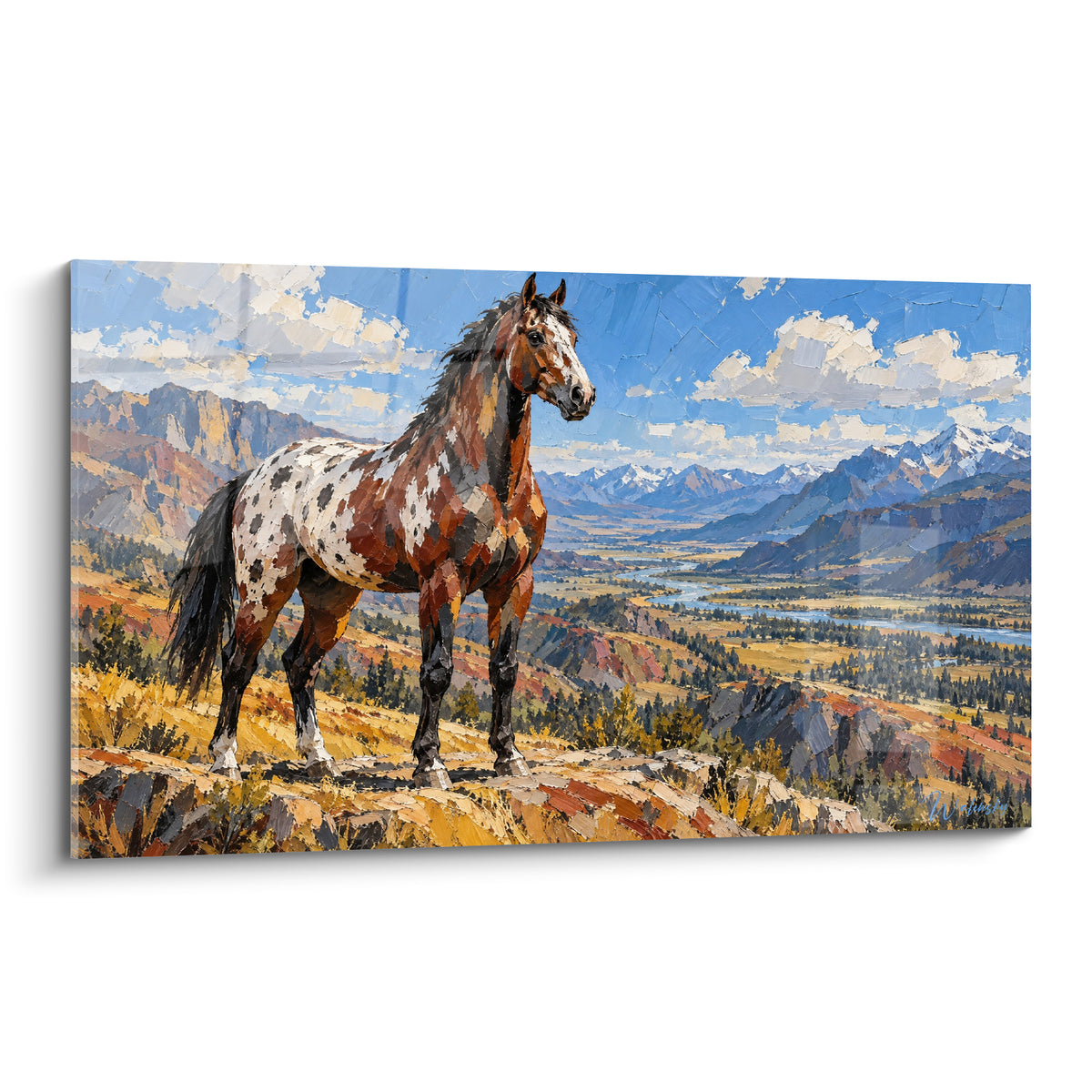 Tableau Cheval Appaloosa tacheté brun et blanc dominant une vallée dorée sous ciel bleu