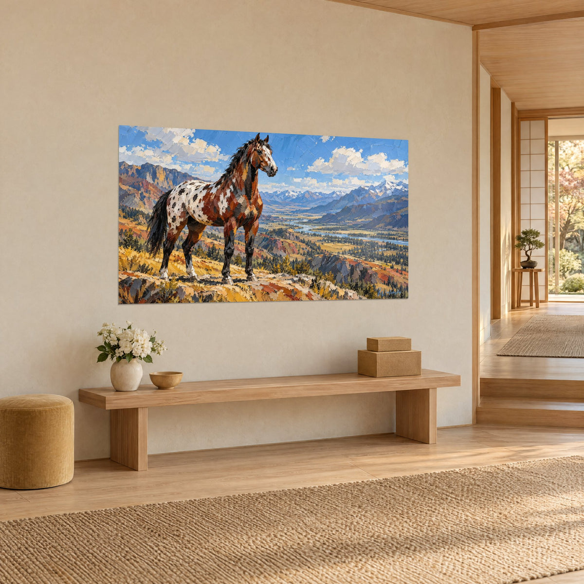Tableau appaloosa bai et blanc sur un éperon rocheux, vallée dorée, rivière argentée, pins verts, entrée japandi en trois-quarts