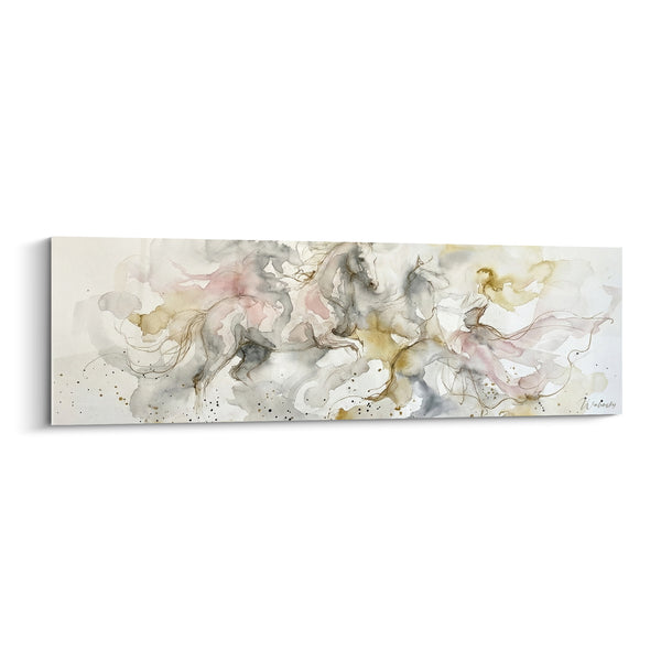 Tableau Chevaux gris et ocre en aquarelle vaporeuse - Galop évanescent - Edition Cheval