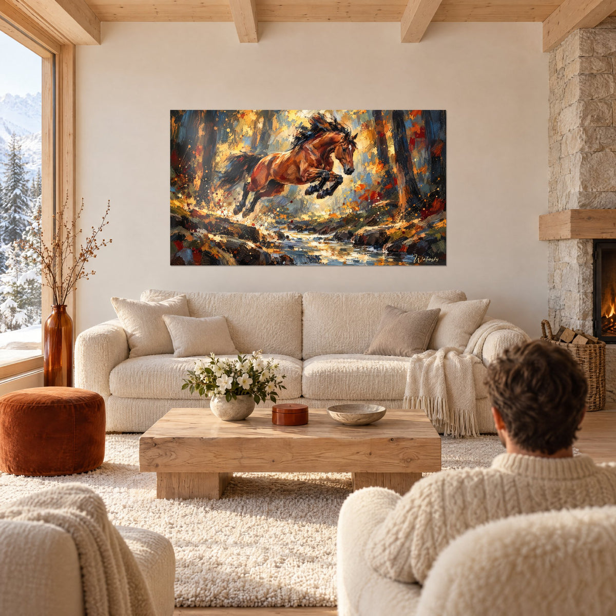 Tableau cheval bai bondissant, crinière noire au vent, ruisseau ambre et forêt d'automne, au-dessus d'un canapé dans un salon lumineux