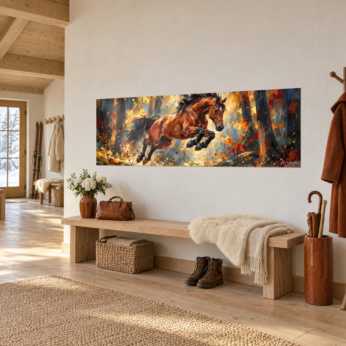 Tableau cheval alezan en plein saut, sabots noirs levés, feuillages ocre et bleu, sur un mur blanc d'entrée en chalet