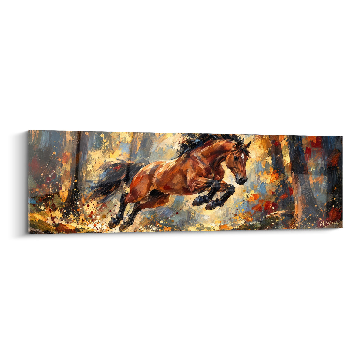 Tableau cheval bai bondissant, crinière noire au vent, éclaboussures ocre et bleu ardoise en forêt
