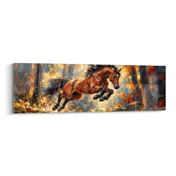 Tableau Cheval bai bondissant en forêt dorée - Saut en liberté - Edition Cheval