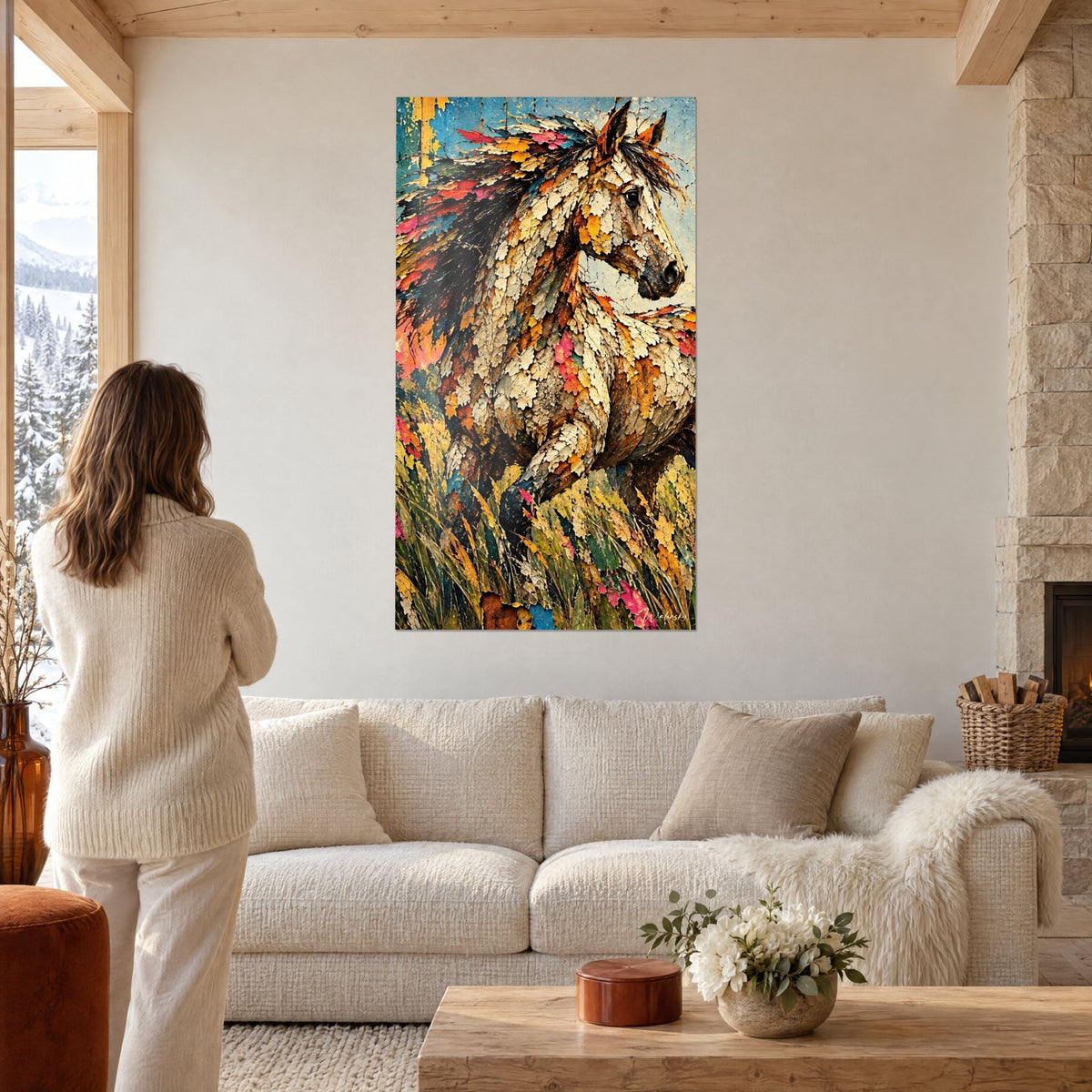 Tableau cheval beige et ocre en peinture craquelée, crinière rose et bleue, au-dessus d'un canapé dans un salon lumineux
