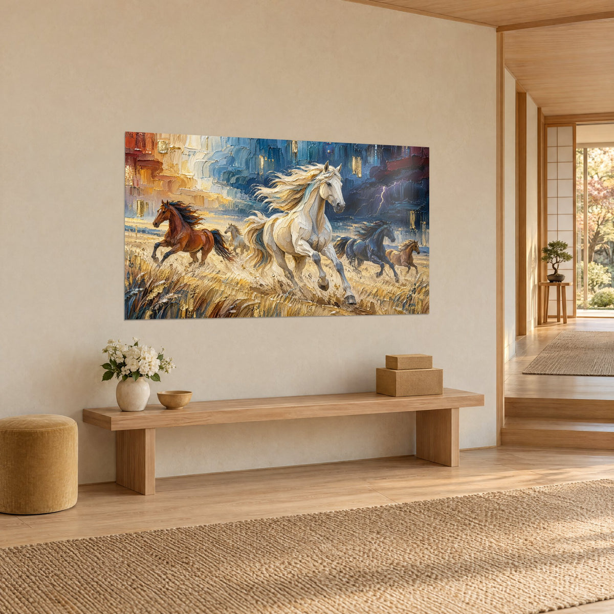 Tableau cheval blanc cabré dans un champ de blé doré, éclair violet sur fond bleu, vu de trois quarts dans un couloir en bois clair