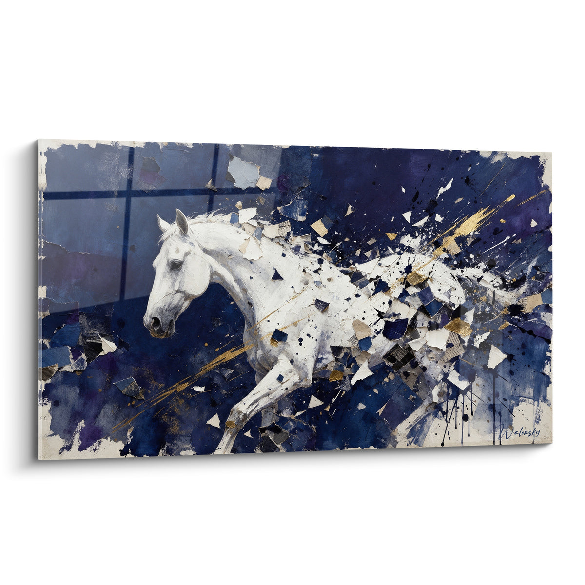 Tableau cheval blanc galopant sur fond bleu marine éclaté d'or et de blanc