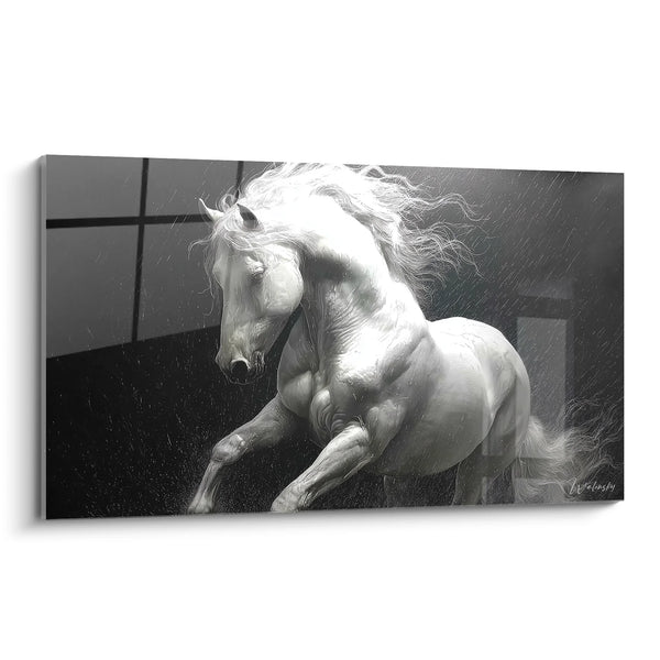 Cuadro Caballo Blanco - Poder Bajo la Lluvia - Edición animales blanco y negro