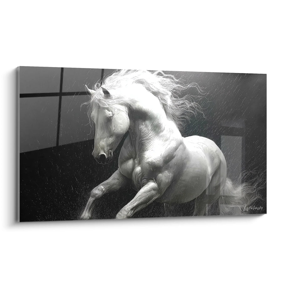 Tableau Cheval Blanc - Puissance sous la Pluie - Edition animaux noir et blanc