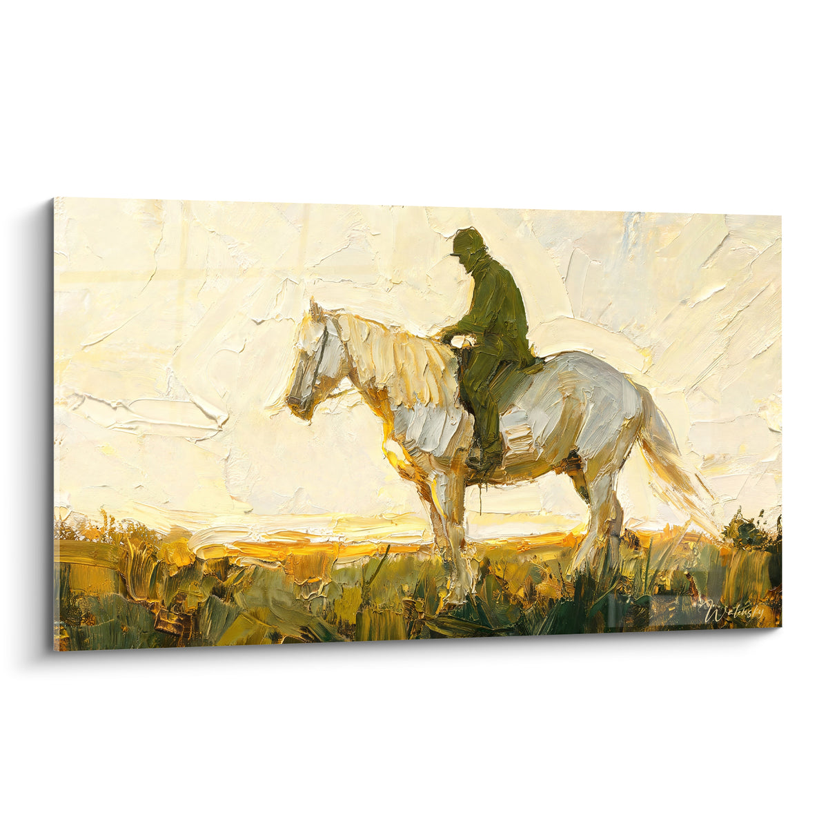 Cheval blanc et cavalier olive traversant une plaine dorée, peinture au couteau texturée