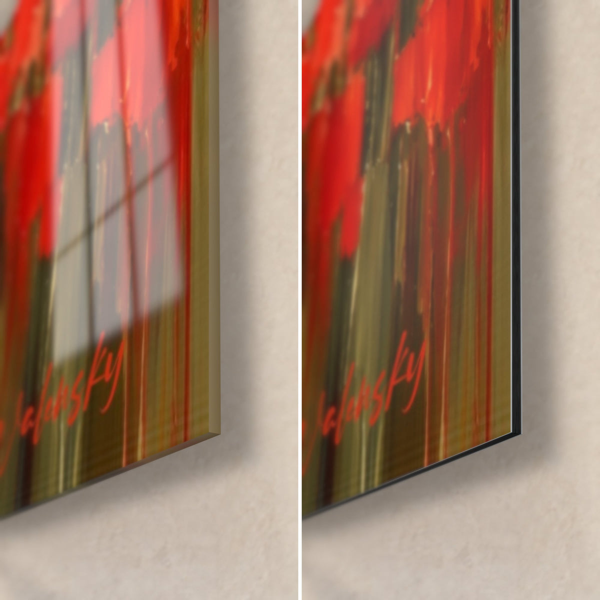 Tableau cheval blanc en peinture au couteau, coin bas droit : verre acrylique brillant à gauche, Dibond mat noir à droite, rouge vif