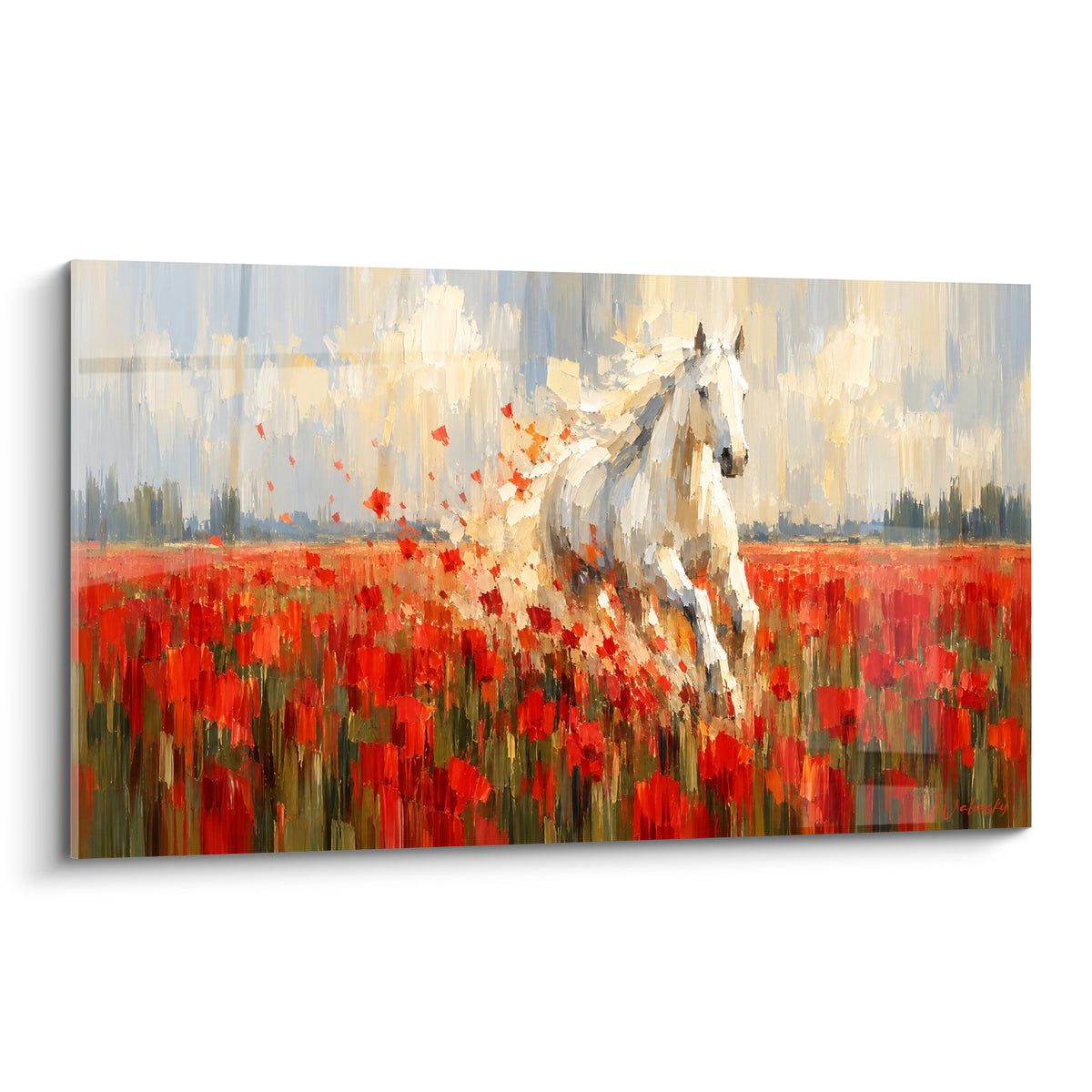 Tableau cheval blanc galopant à travers des coquelicots rouges sous un ciel beige nuageux