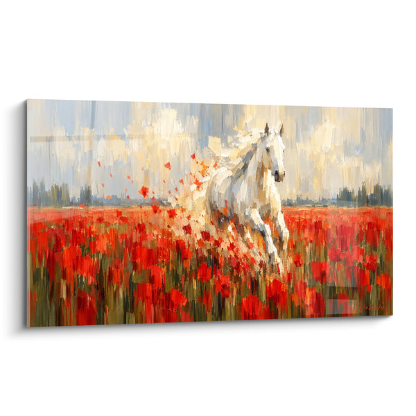 Tableau Cheval blanc traversant un champ de coquelicots - Fuite écarlate - Edition Cheval
