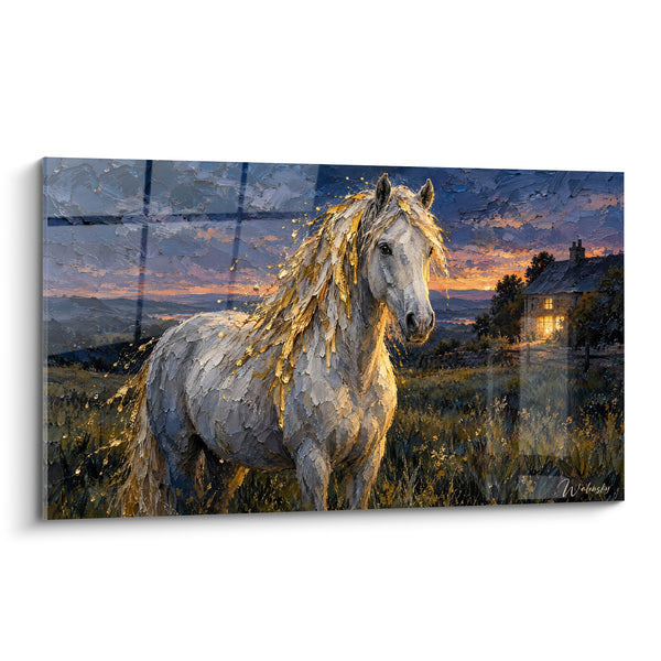 Tableau Cheval blanc à crinière dorée au crépuscule - Veillée champêtre - Edition Cheval