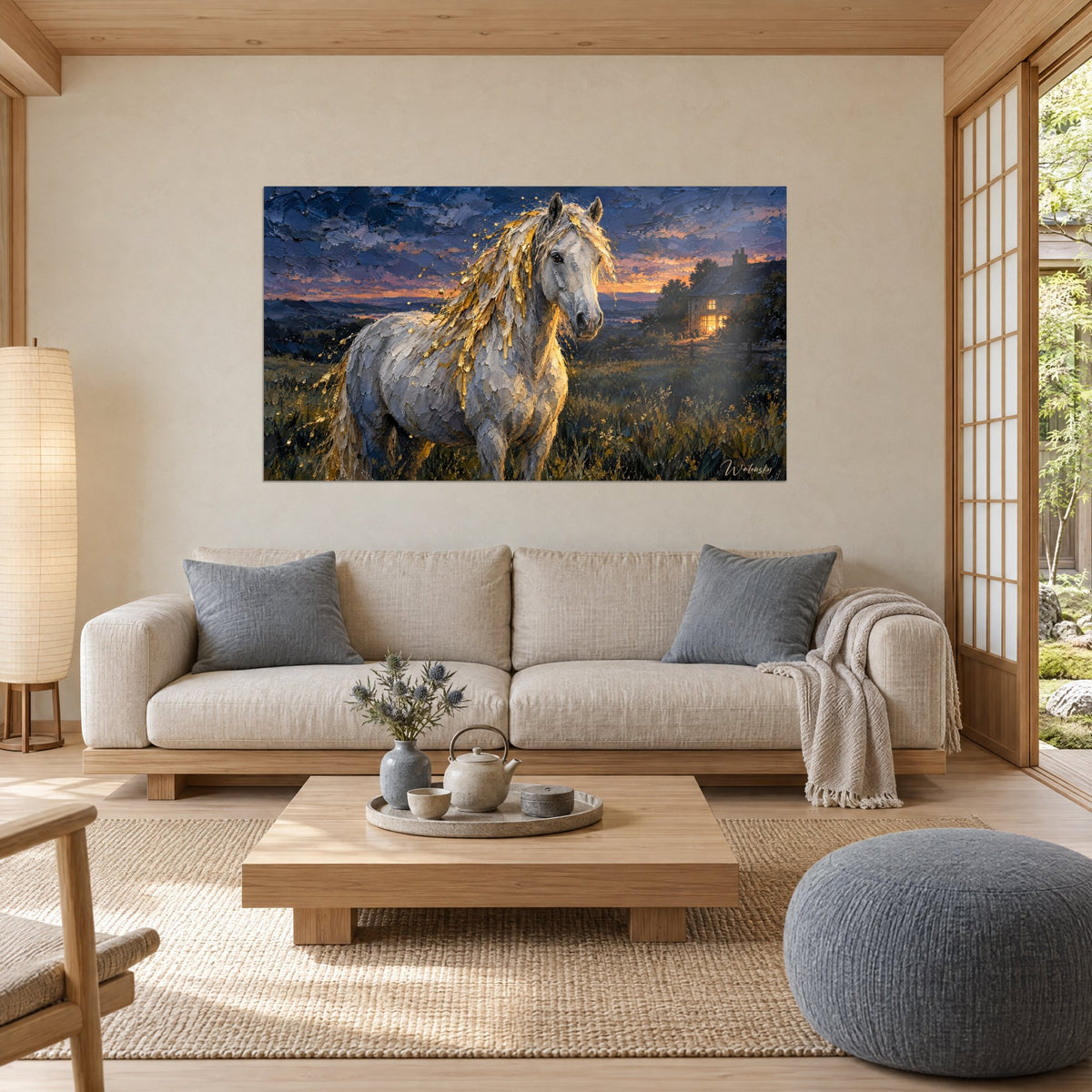 Tableau cheval blanc à crinière d'or sous un ciel pourpre, chaumière éclairée, au-dessus d'un canapé dans un salon lumineux