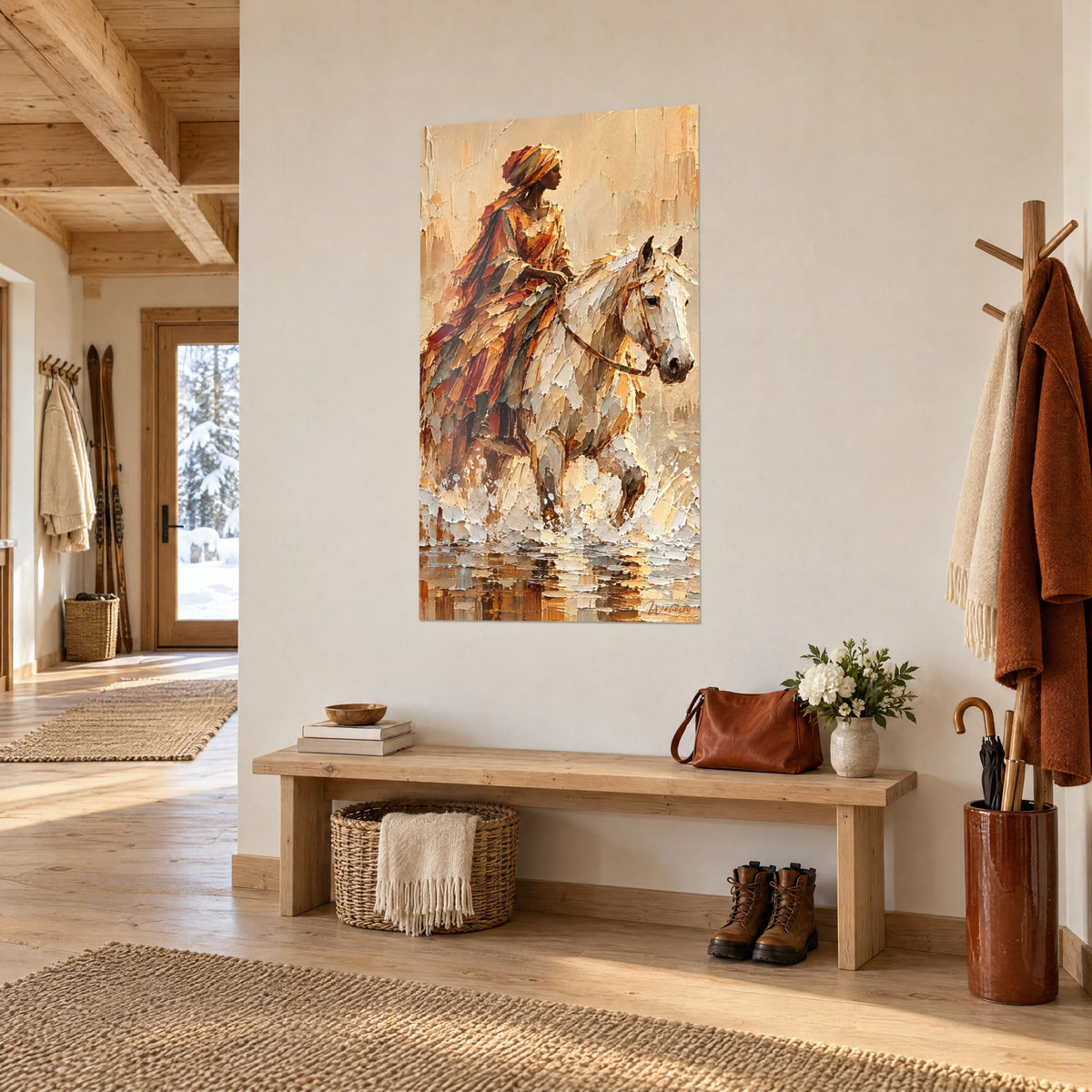 Tableau cheval blanc éclaboussant une eau ambrée, étoffe rouille et ocre, vue de trois-quarts dans une entrée en bois de chalet