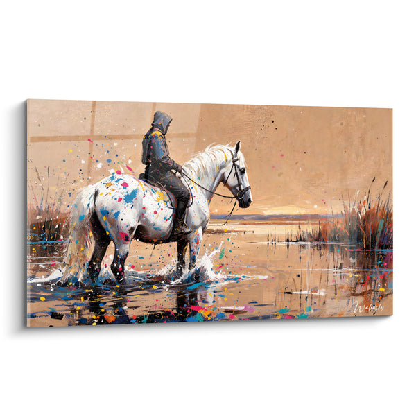Tableau Cheval blanc éclaboussé de peinture colorée - Traversée silencieuse - Edition Cheval