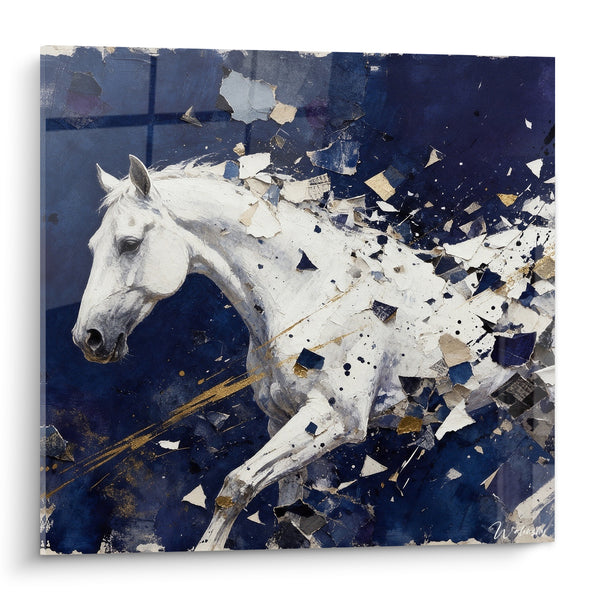 Tableau Cheval blanc éclaté fond bleu marine doré - Fulgurance en mouvement - Edition Cheval