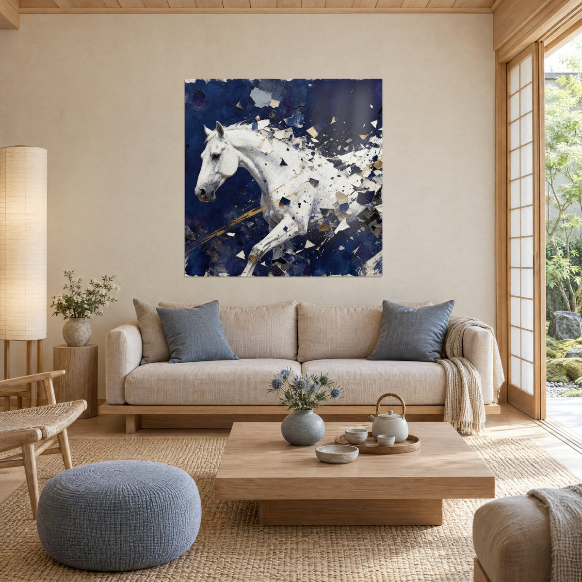 Tableau étalon blanc lancé au galop, éclats de papier bleu marine et touches dorées, au-dessus d'un canapé dans un salon lumineux
