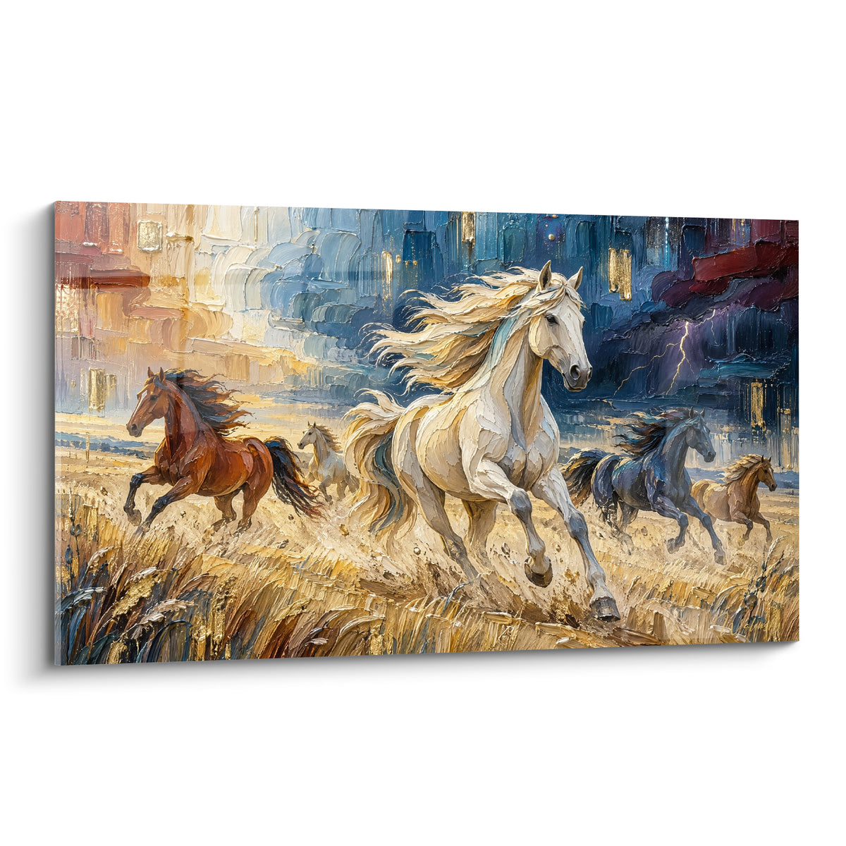 Tableau cheval blanc au galop dans un champ doré sous un ciel bleu nuit orageux