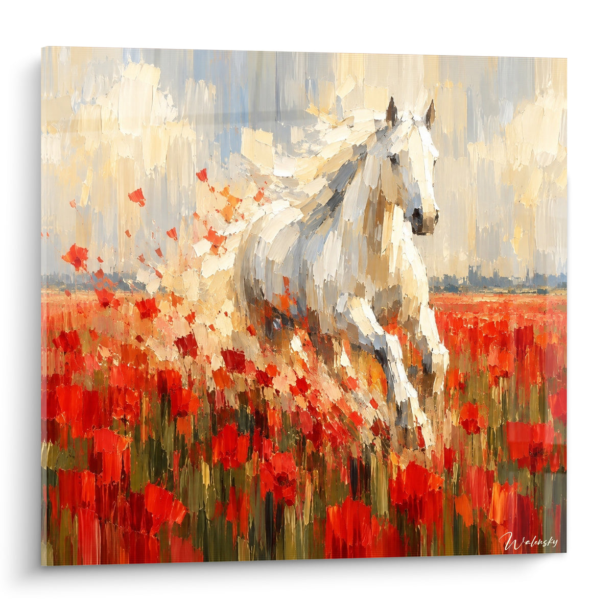Tableau cheval blanc galopant parmi coquelicots rouges, crinière dissoute en pétales orangés et gris