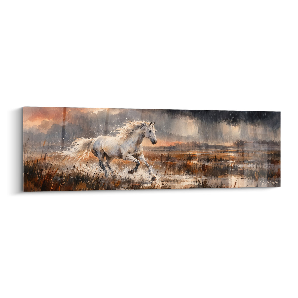 Tableau cheval blanc galopant dans un marais, robe claire et ciel anthracite orageux