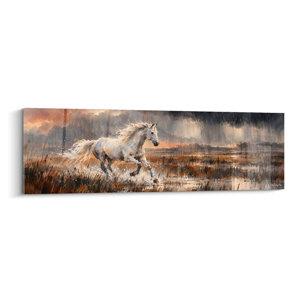 Tableau Cheval blanc traversant un marécage gris et orangé - Pluie sur les roseaux - Edition Cheval