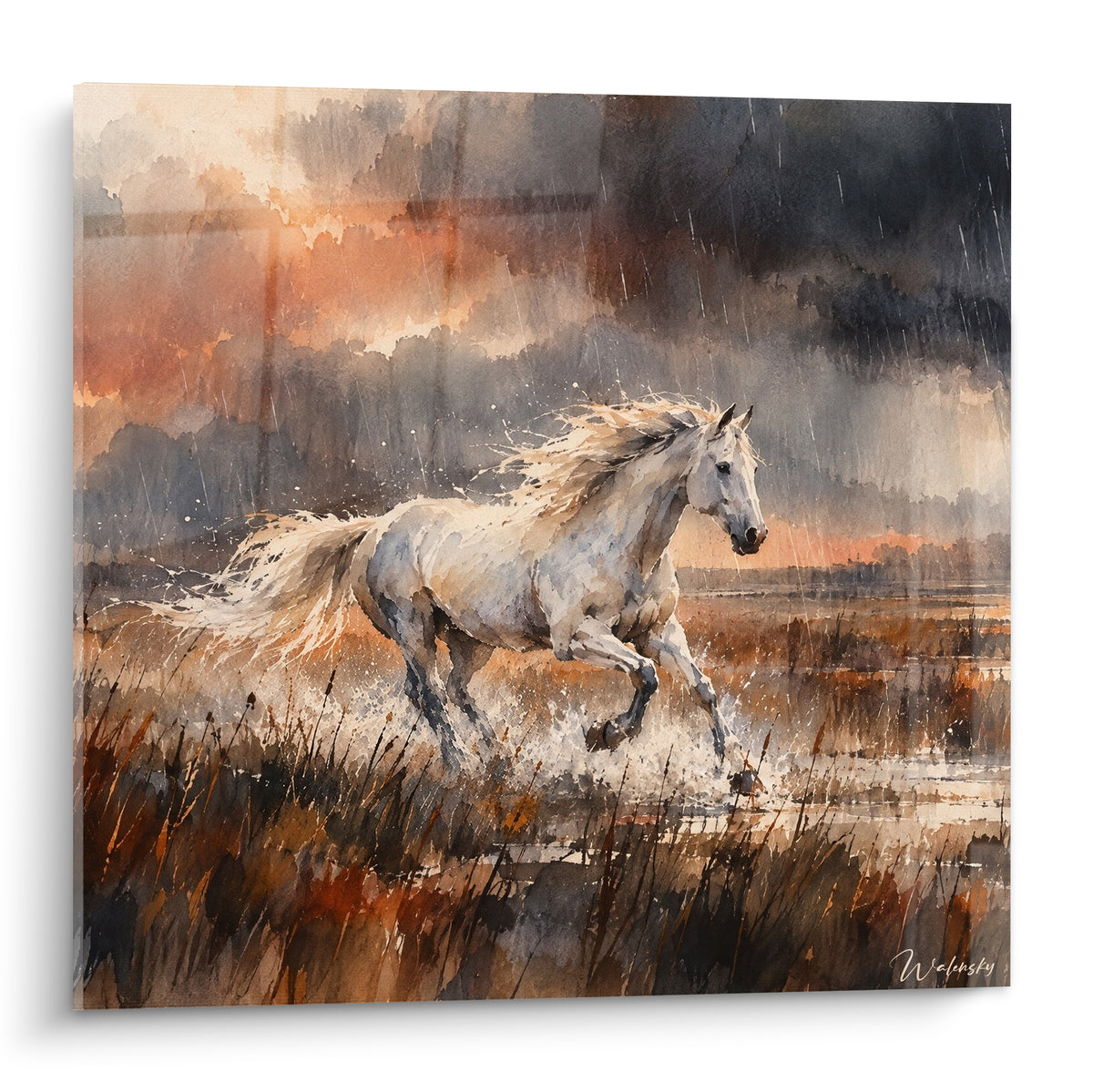 Tableau cheval blanc galopant dans les eaux ocre et anthracite d'un marais orageux