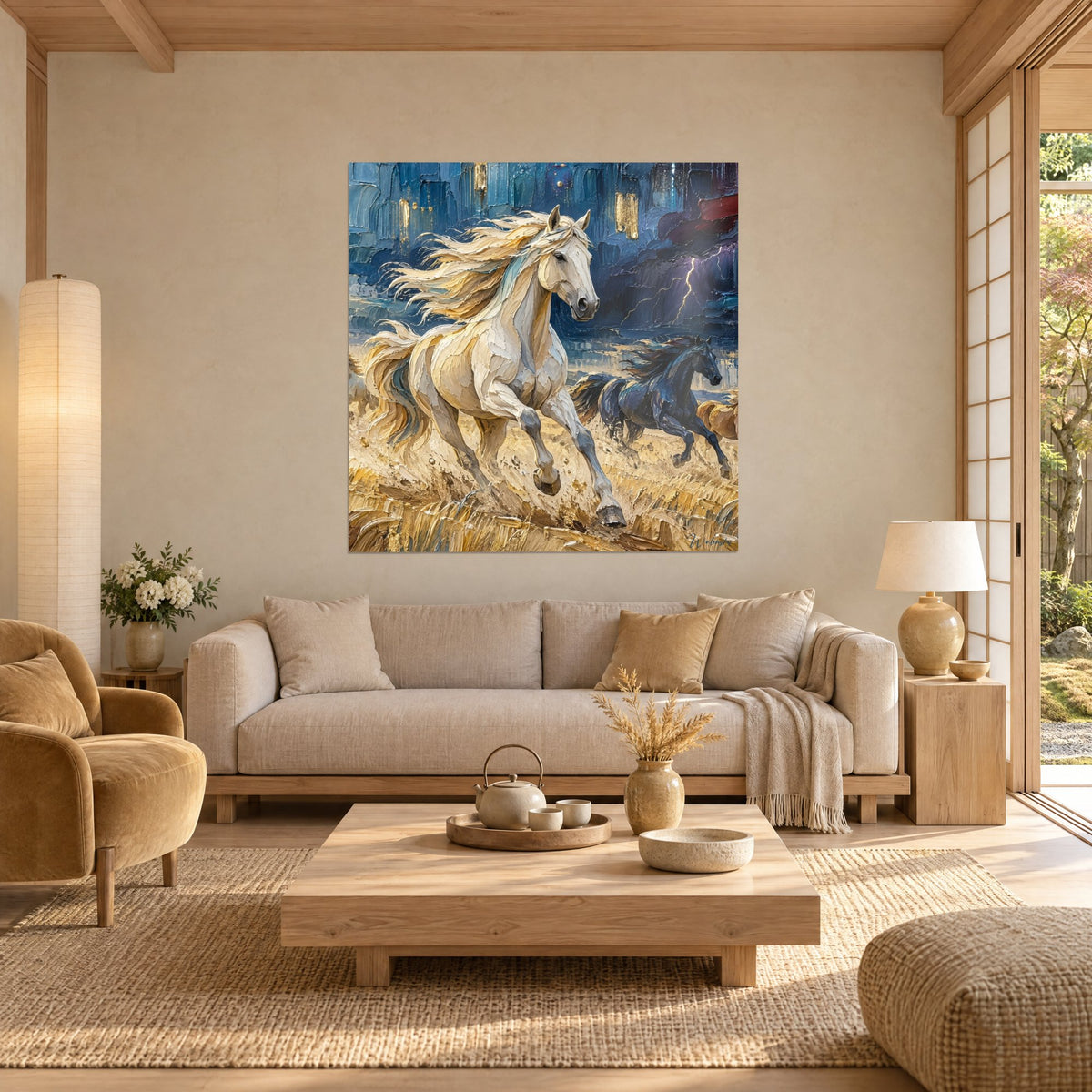 Tableau étalon blanc crinière dorée au galop, ciel bleu nuit zébré d'éclairs, au-dessus d'un canapé dans un salon lumineux