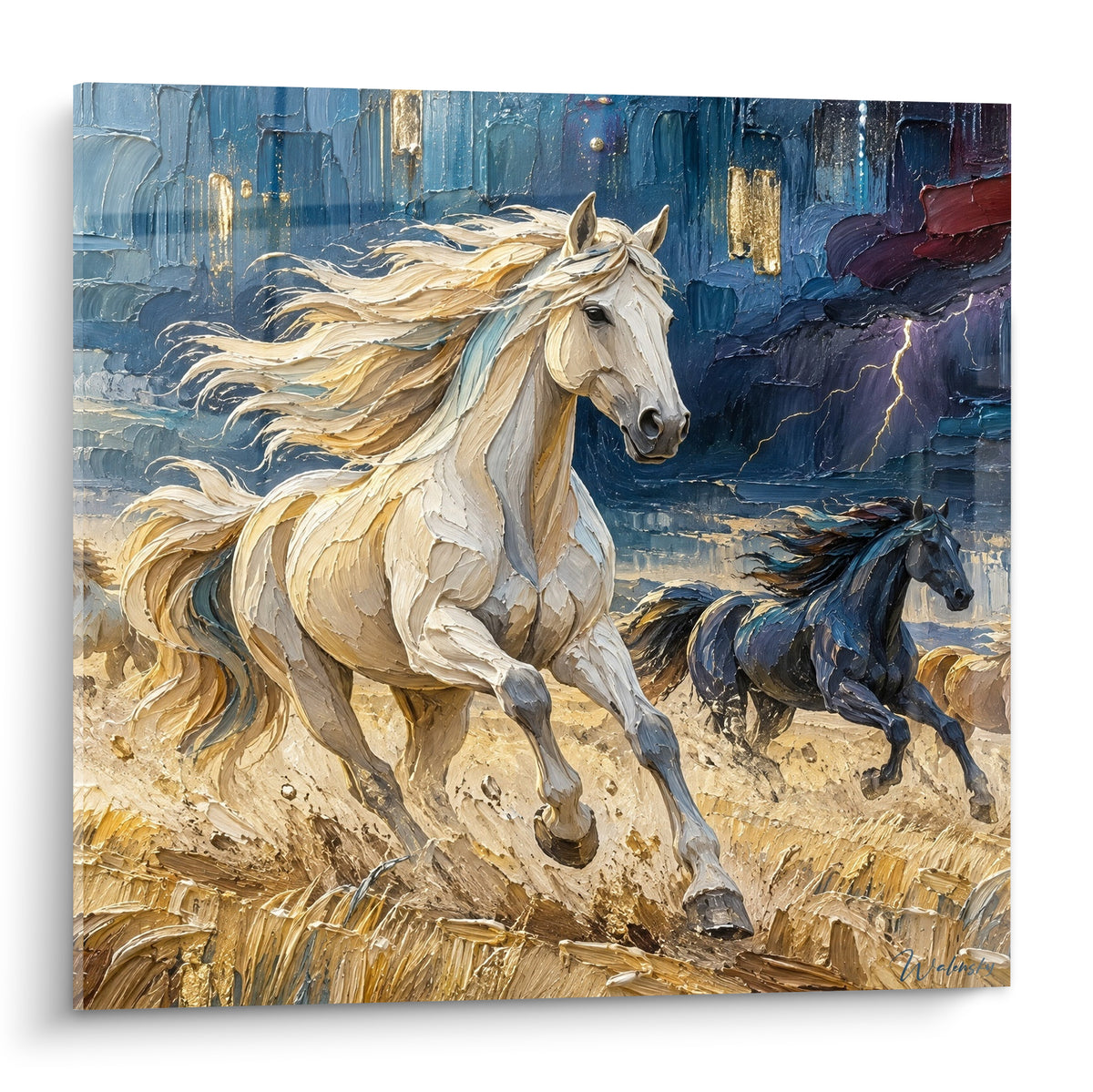 Tableau cheval blanc au galop, crinière dorée et ciel bleu marine orageux en empâtements