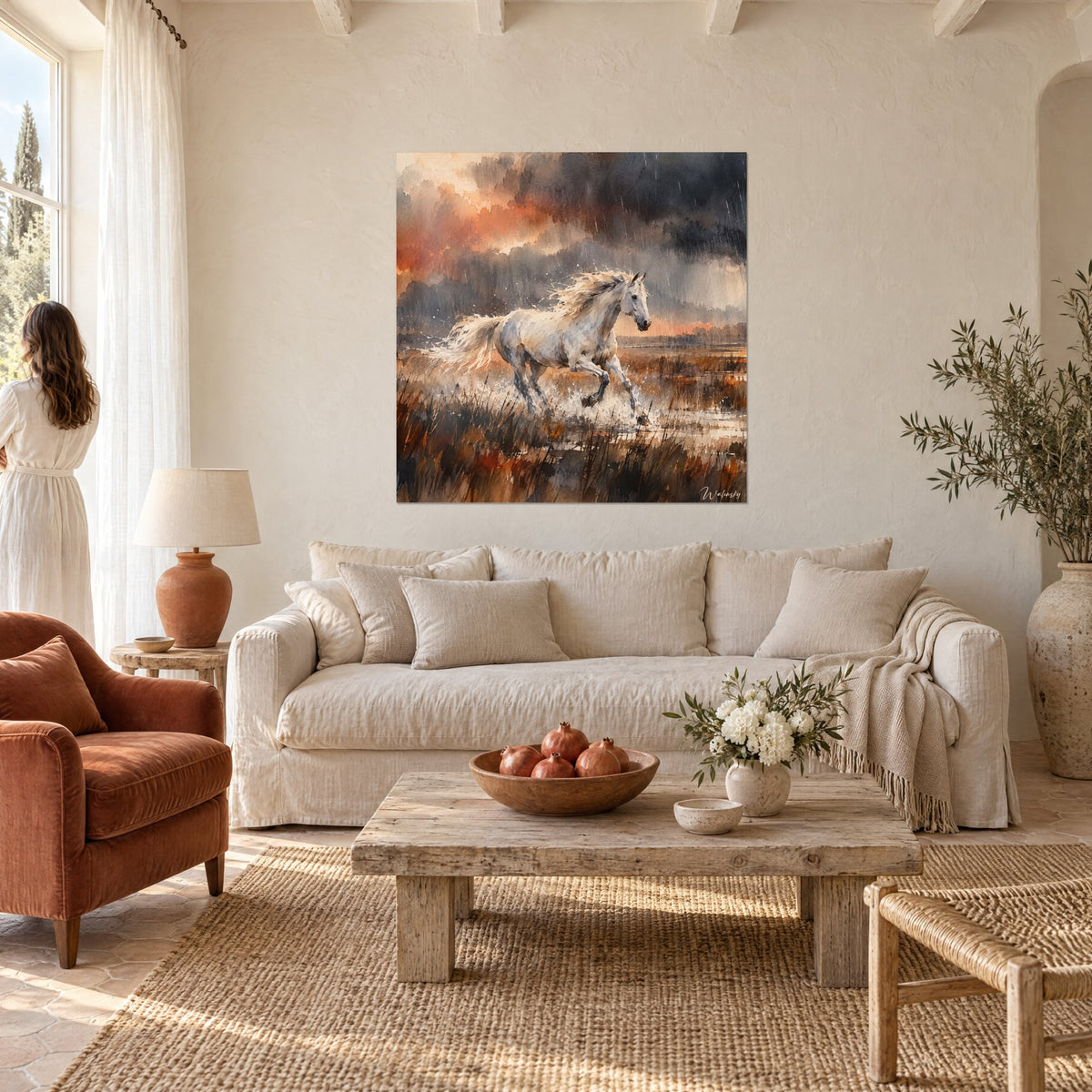 Tableau cheval blanc galopant, crinière éclaboussée, ciel orange et gris d'orage, une femme de dos au-dessus d'un canapé dans un salon lumineux
