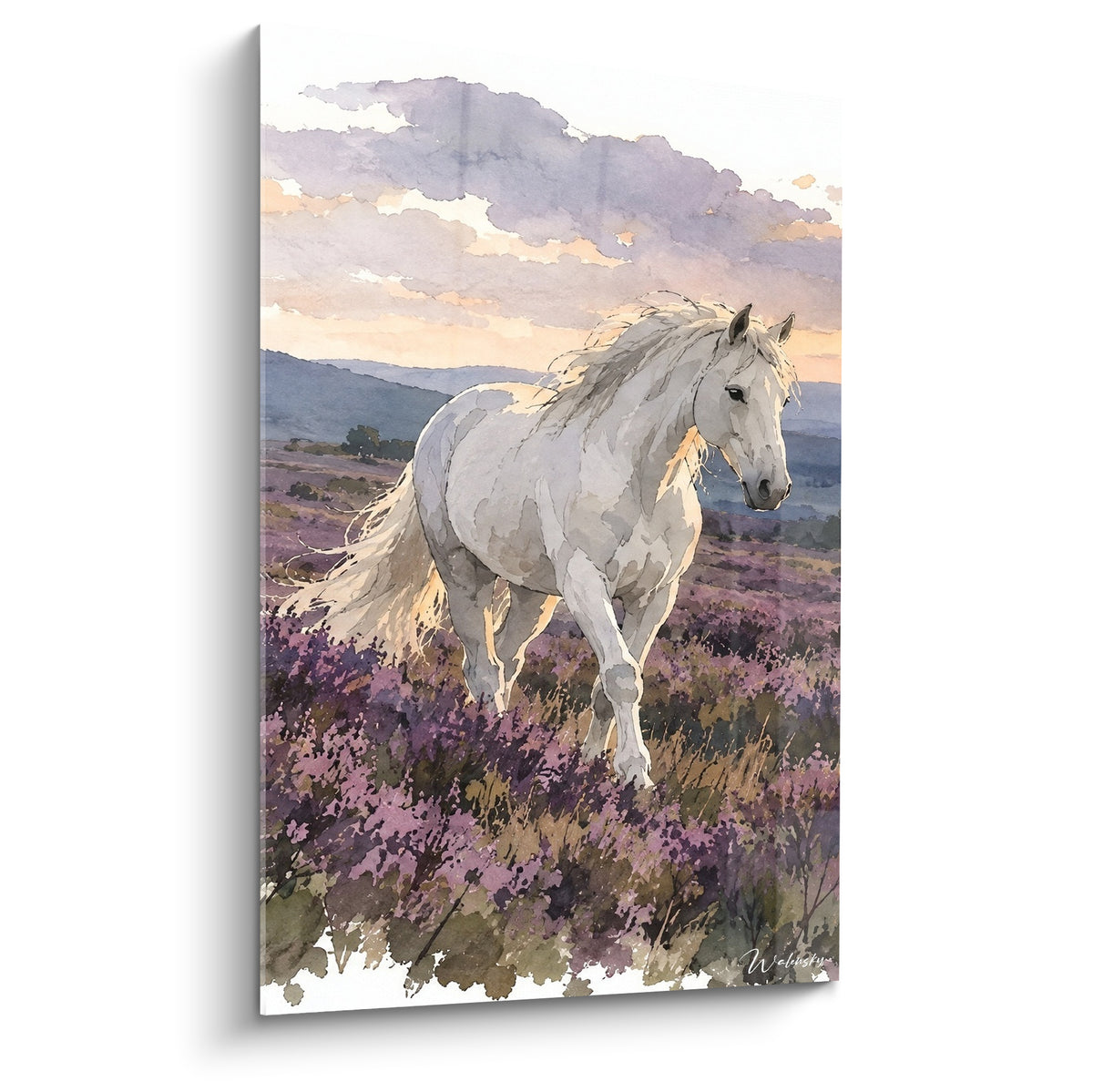 Tableau cheval blanc traversant une lande violette sous un ciel mauve et pêche au crépuscule