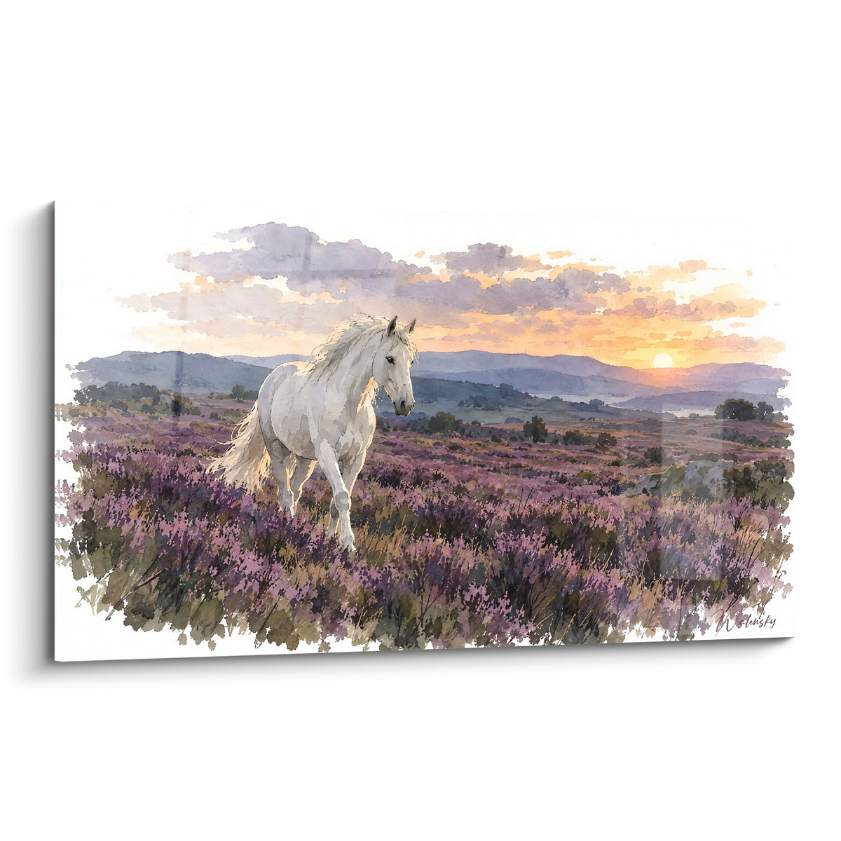 Tableau cheval blanc traversant une lande violette sous un ciel orangé crépusculaire