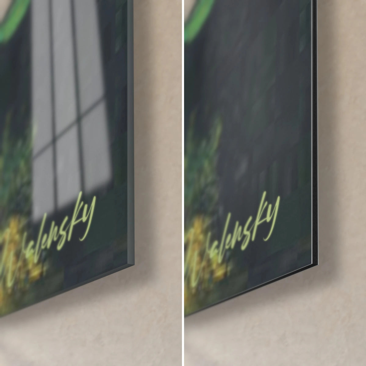 Wall art white horse flecked with yellow, bottom right corner, glossy acrylic glass with reflections on the left, matte grey Dibond on the right
