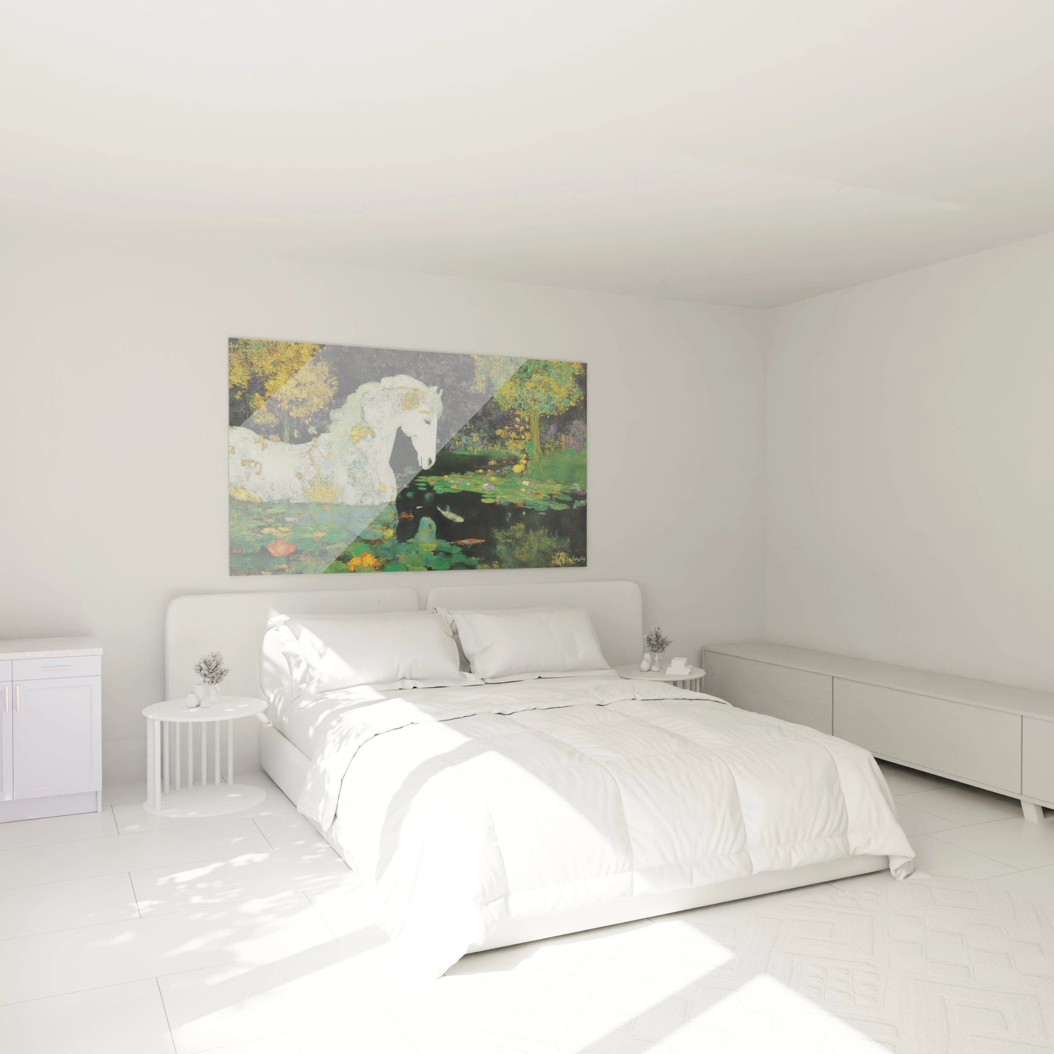 tableau cheval blanc symboliste Walensky accroche au dessus du lit dans une chambre blanche minimaliste et lumineuse