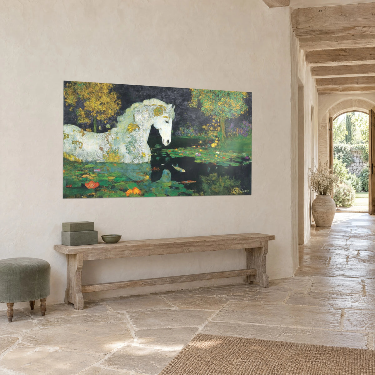 Wall art ivory warhorse with a golden mane, black water mirror dotted with green water lilies, three-quarter view in a stone hallway