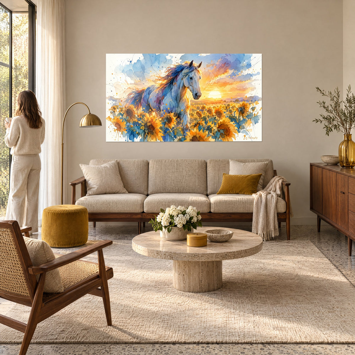 Tableau cheval blanc aux crinières bleues et orangées dans les tournesols, soleil couchant, au-dessus d'un canapé dans un salon lumineux