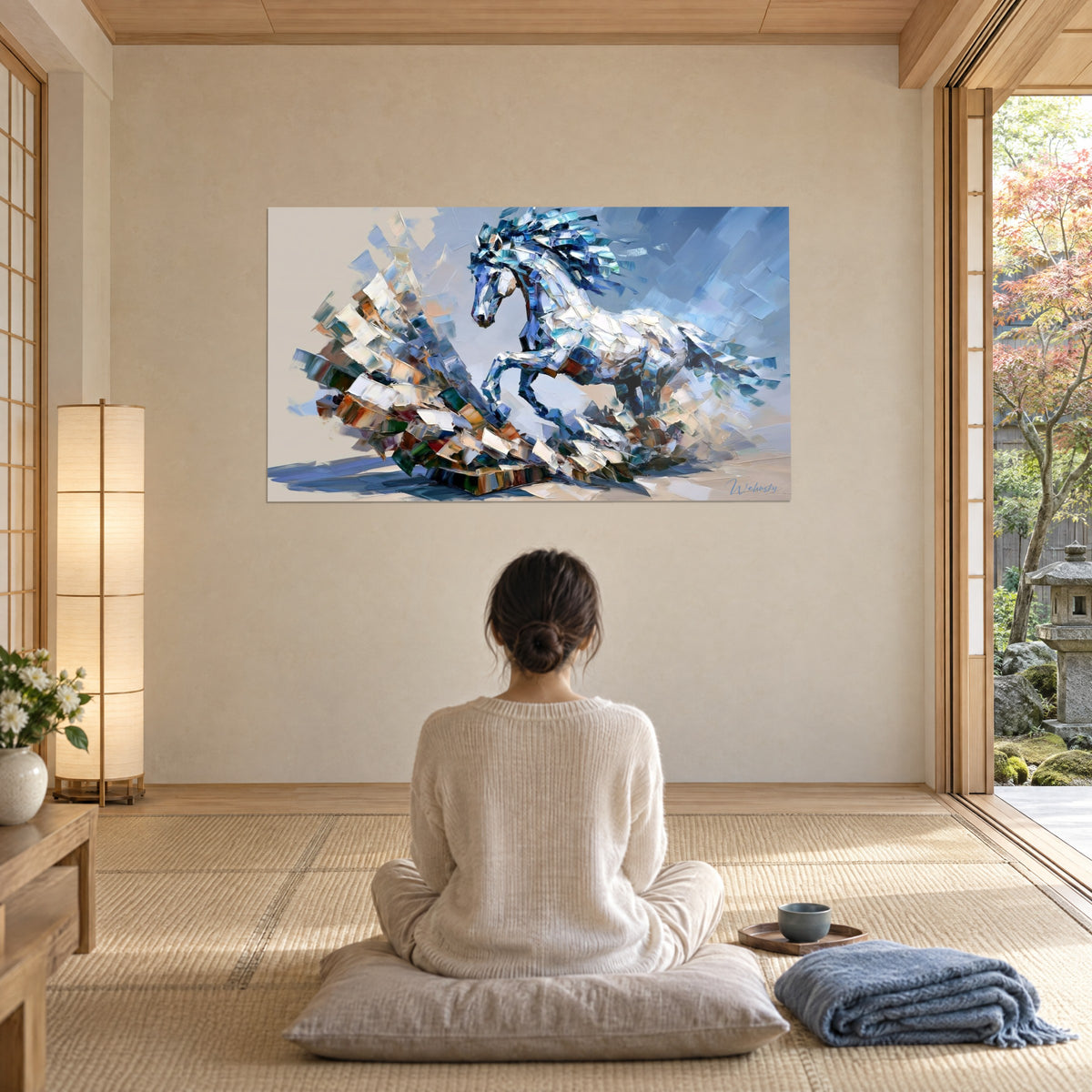 Tableau monture fragmentée en lamelles de peinture blanches et bleues, femme de dos assise sur un coussin gris, salon zen