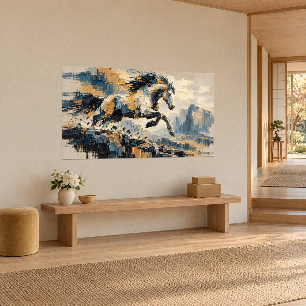 Tableau cheval cabré en pleine course, taches indigo et jaune miel au couteau, accroché au-dessus d'un banc en bois clair