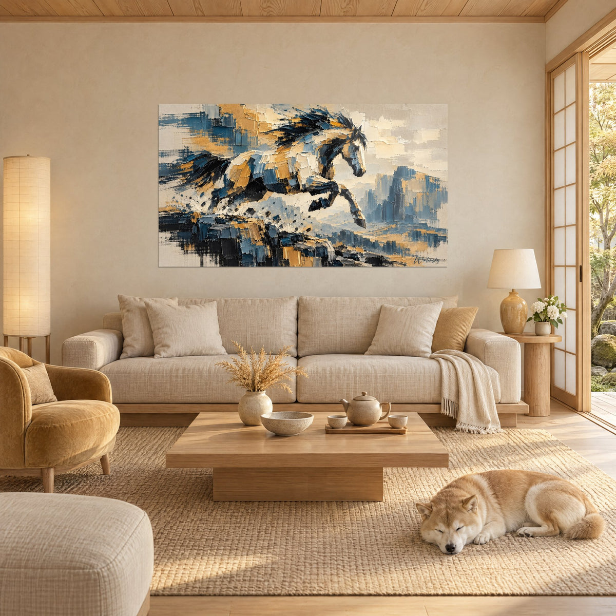 Tableau étalon bondissant aux crins noirs, robe bleu acier et ocre doré, Shiba couché sur le tapis, au-dessus d'un canapé dans un salon lumineux