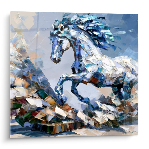 Tableau Cheval bleu et blanc au galop texturé - Fureur du galop - Edition Cheval